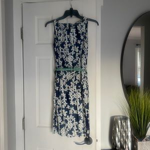 Flower dress - navy blue with white and teal flowers with teal belt